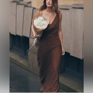 SOLD- NEW ZARA DRAPED NECK POLKA DOT BROWN WHITE DRESS- SMALL